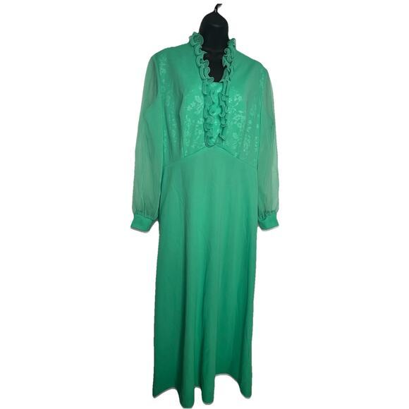 Unbranded Dresses & Skirts - Vintage 70s Maxi Dress Ruffled Sheer Sleeves Floral Bodice Women’s Size Large
